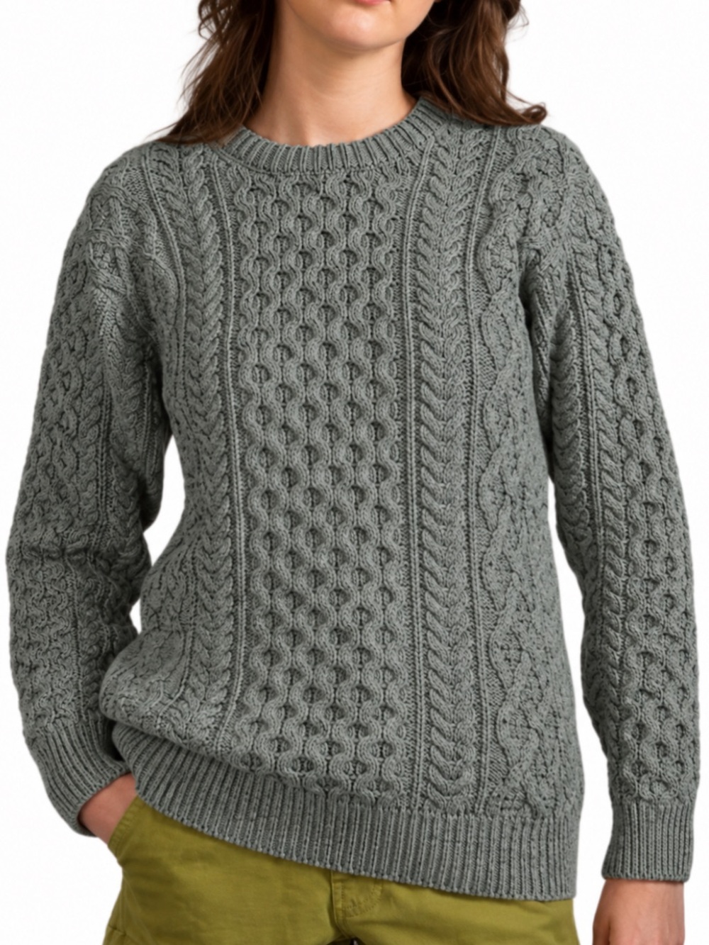 Sage green textured chunky cable knit crew neck long sleeve sweater size medium